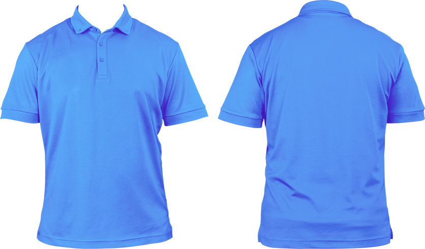 Blank Clothing for Design. Light Blue Polo Shirt, Clothing on Isolated White Background, Front and Back View, Isolated White. Mockup.